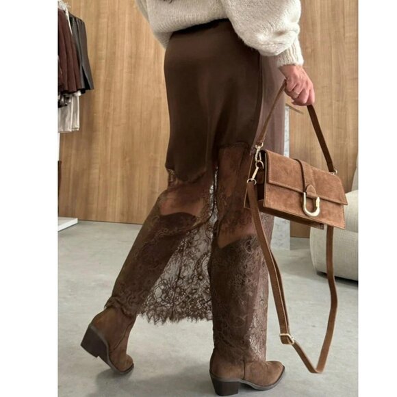 Chocolate Satin & Lace Midi Skirt | Elegant High-Waist Sheer Lace Hem Skirt - Picture 3 of 3